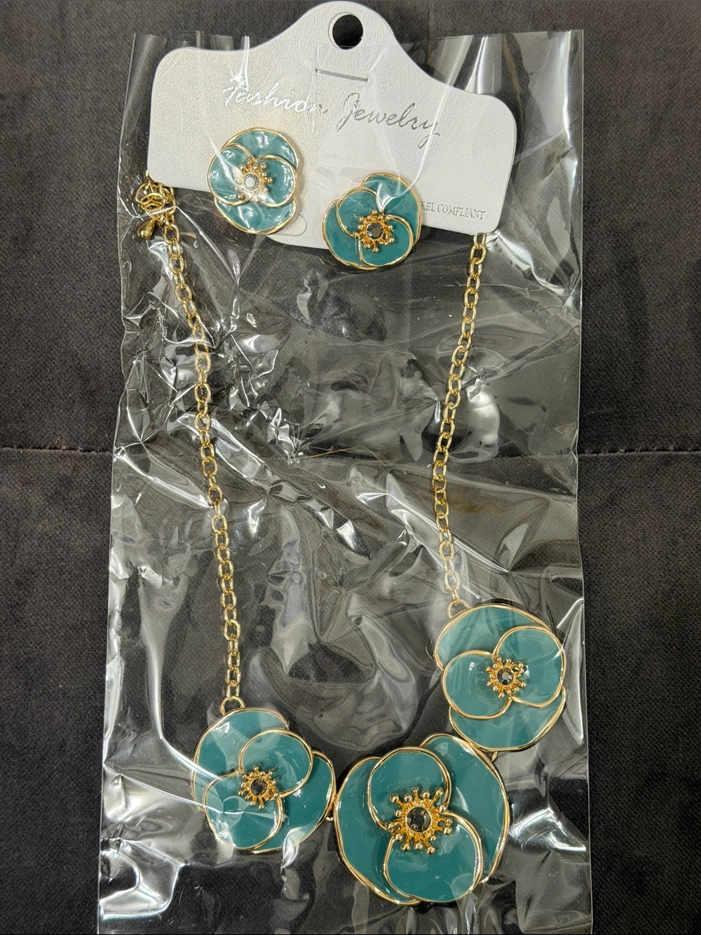 Fashion Jewelry Teal Flower Necklace and Earring Set